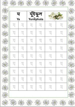 Bengali alphabet (Swarabarna) য (Ya) Tracing Worksheet. Free printable Bengali Alphabets with 54 Tracing Blocks worksheet for Kindergarten/Preschool/LKG.