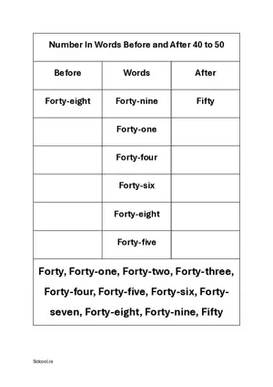 Number in Words Before and After Practice worksheet Forty-one to Fifty. Number on a scale. Free printable math worksheet