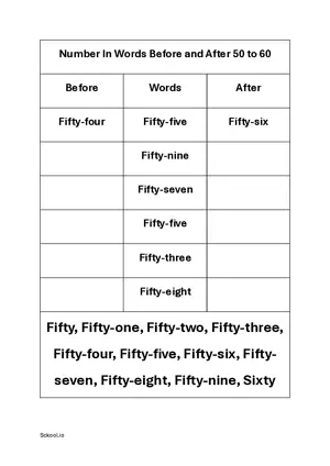 Number in Words Before and After Practice worksheet Fifty-one to Sixty. Number on a scale. Free printable math worksheet