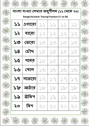 Bangla Number Tracing Practice (11 to 20) and Number Names Worksheet For Kindergarten/Preschool Free Printable worksheet.