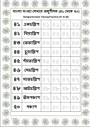 Bangla Number Tracing Practice (41 to 50) and Number Names Worksheet For Kindergarten/Preschool/LKG Free Printable worksheet.