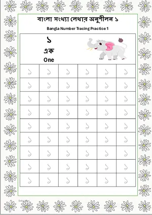 Bangla Number 1 Tracing Worksheet For Kindergarten/Preschool- 54 Tracing Block Free Printable worksheet