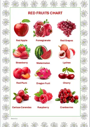 Red Fruits Chart with Name in English Montessori Posters Classroom Decor Digital Download Free Printables