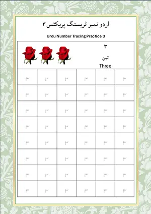 Urdu Number 3 (اردو نمبر تین) Tracing Worksheet For Kindergarten/Preschool- 48 Tracing Block