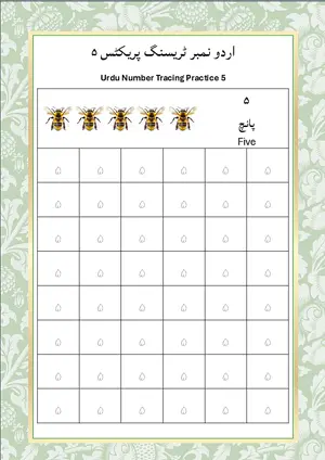 Urdu Number 5 (اردو نمبر پانچ) Tracing Worksheet For Kindergarten/Preschool- 48 Tracing Block