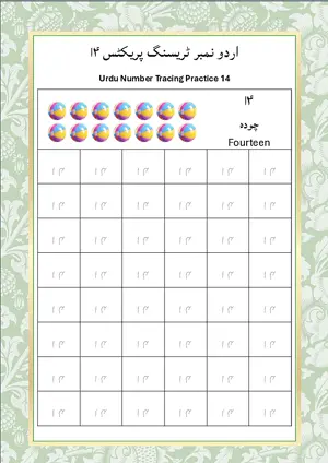 Urdu Number 14 (اردو نمبر چودہ) Tracing Worksheet For Kindergarten/Preschool- 48 Tracing Block