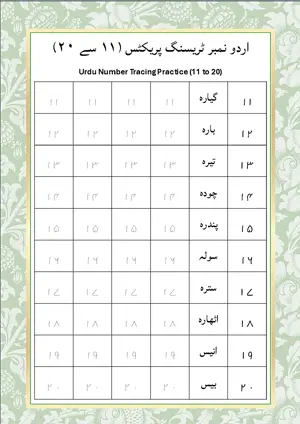 Urdu Number Tracing Practice 11 to 20 (اردو نمبر ٹریسنگ پریکٹس 11 سے 20) and Number Names Worksheet For Kindergarten/Preschool Free Printable worksheet.