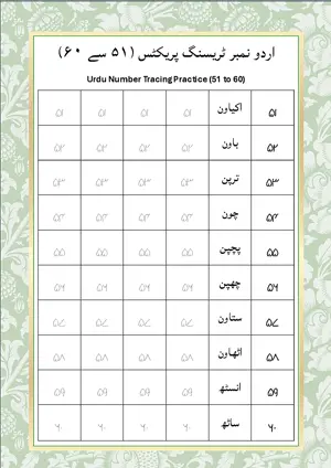 Urdu Number Tracing Practice 51 to 60 (اردو نمبر ٹریسنگ پریکٹس 51 سے 60) and Number Names Worksheet For Kindergarten/Preschool Free Printable worksheet.