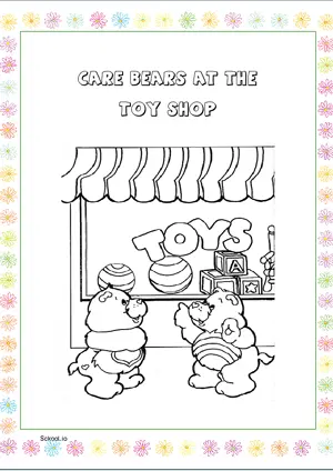 Free Printable Care Bears at the Toy Shop Coloring Page for Kids