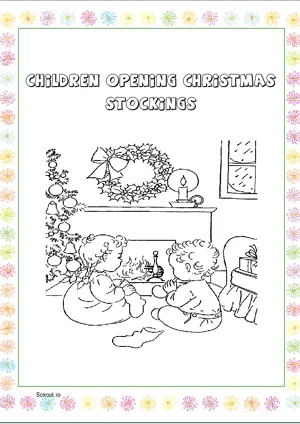 Free Printable Children Opening Christmas Stockings Coloring Page for Kids