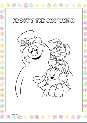 Free Printable Frosty the Snowman Coloring page with friends for kids