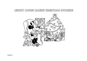 Free Printable Mickey Mouse Making Christmas Stocking Coloring Page for Kids