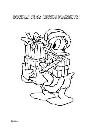 Free Printable Donald Duck Giving Presents Coloring Page for Kids