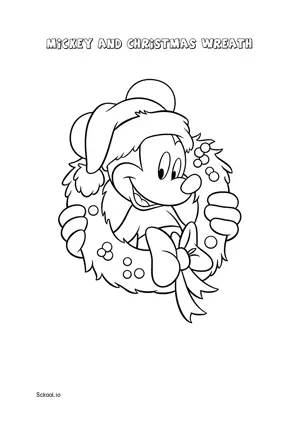 Free Printable Mickey and Christmas Wreath Coloring Page for Kids