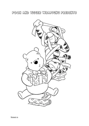 Free Printable Pooh and Tigger Wrapping Presents Coloring Page for Kids