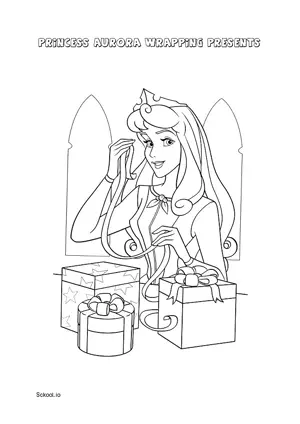 Free Printable Princess Aurora Wrapping Presents Coloring Page for Kids