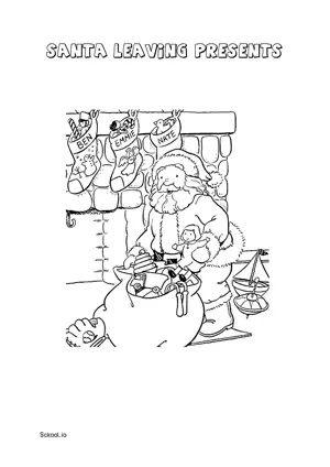 Free Printable Santa Leaving Presents in Christmas Stocking Coloring Page for Kids