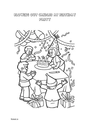 Free Printable Blowing Out Candles at Birthday Party Coloring Page for Kids