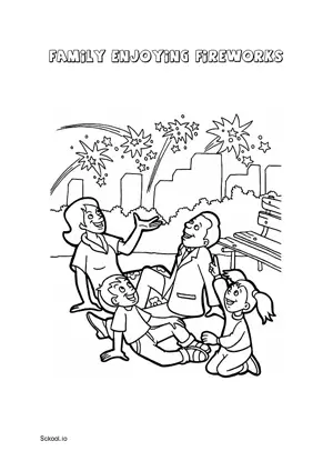 Free Printable Family Enjoying Fireworks Coloring Page for Kids