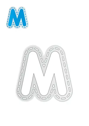 Free printable English alphabet M em for outline tracing and inner coloring worksheet PDF