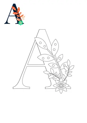 Free printable English alphabet A with flower for tracing and coloring worksheet PDF