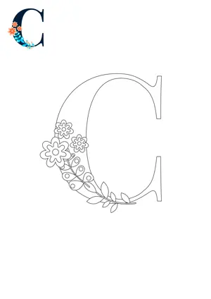 Free printable English alphabet C with flower for tracing and coloring worksheet PDF