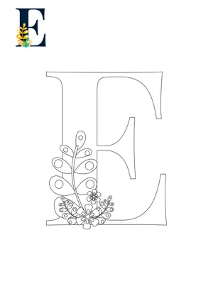 Free printable English alphabet E with flower for tracing and coloring worksheet PDF