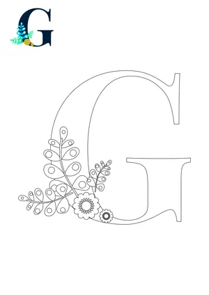 Free printable English alphabet G with flower for tracing and coloring worksheet PDF