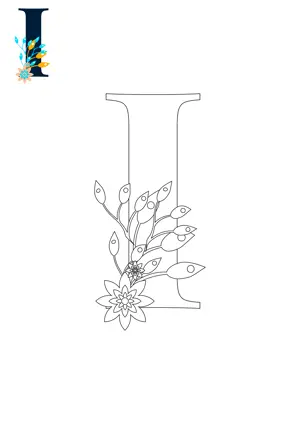 Free printable English alphabet I with flower for tracing and coloring worksheet PDF