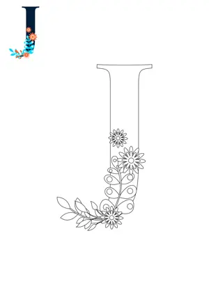 Free printable English alphabet J with flower for tracing and coloring worksheet PDF