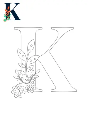 Free printable English alphabet K with flower for tracing and coloring worksheet PDF