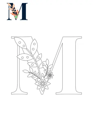 Free printable English alphabet M with flower for tracing and coloring worksheet PDF