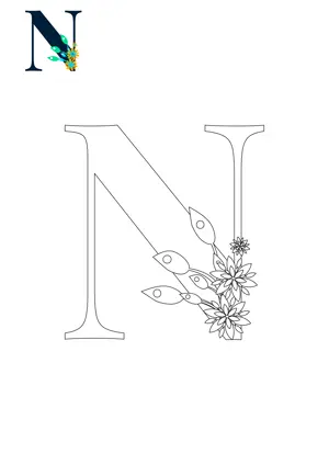 Free printable English alphabet N with flower for tracing and coloring worksheet PDF