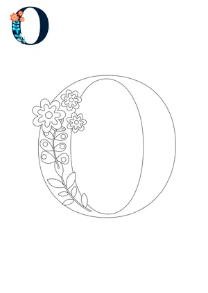 Free printable English alphabet O with flower for tracing and coloring worksheet PDF