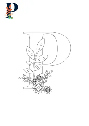 Free printable English alphabet P with flower for tracing and coloring worksheet PDF