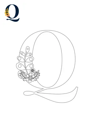 Free printable English alphabet Q with flower for tracing and coloring worksheet PDF