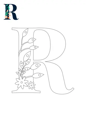 Free printable English alphabet R with flower for tracing and coloring worksheet PDF