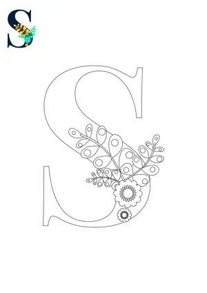 Free printable English alphabet S with flower for tracing and coloring worksheet PDF