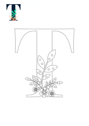 Free printable English alphabet T with flower for tracing and coloring worksheet PDF