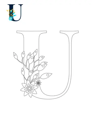 Free printable English alphabet U with flower for tracing and coloring worksheet PDF