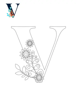 Free printable English alphabet V with flower for tracing and coloring worksheet PDF