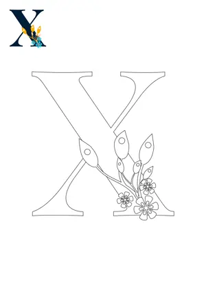 Free printable English alphabet X with flower for tracing and coloring worksheet PDF