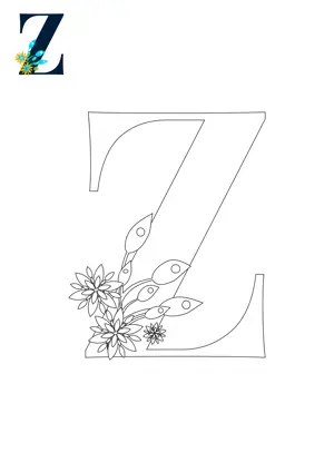 Free printable English alphabet Z with flower for tracing and coloring worksheet PDF