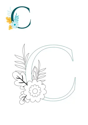 Free printable English alphabet C with flower for tracing and coloring worksheet PDF