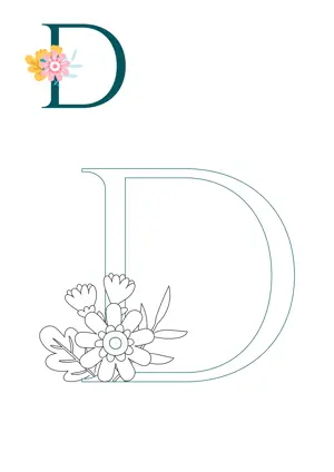 Free printable English alphabet D with flower for tracing and coloring worksheet PDF