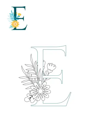 Free printable English alphabet E with flower for tracing and coloring worksheet PDF