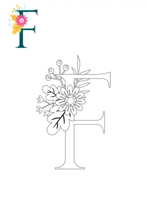 Free printable English alphabet F with flower for tracing and coloring worksheet PDF