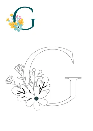 Free printable English alphabet G with flower for tracing and coloring worksheet PDF