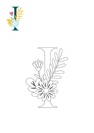 Free printable English alphabet I with flower for tracing and coloring worksheet PDF