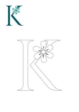 Free printable English alphabet K with flower for tracing and coloring worksheet PDF